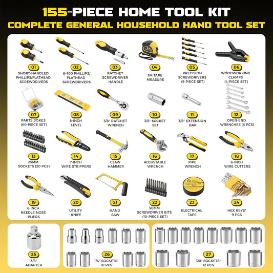 KELIN 155-Piece Household Hand Tool Set with Toolbox, Portable Home Repair Tool Kit for Garage, Car, DIY – Includes Ratcheting Screwdriver, Sockets, Pliers, Hammer, Level, Tape Measure & More