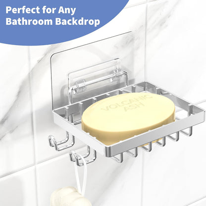 Moforoco Double Soap Bar Holder for Shower, No Drilling, 304 Stainless Steel, Wall Mounted Soap Holder with 4 Hooks and Razor Holder, Shower Rack Soap Tray Bar Soap for Bathroom Accessories Organizer