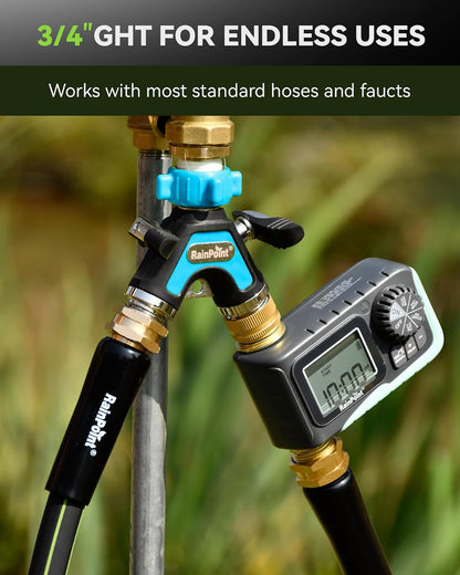 RAINPOINT Garden Hose Splitter 2 Way, All Metal Heavy Duty Water Hose Y Splitter With 2.05" Extra Long Side Handle & Shut Off Valves, 3/4 Inch GHT Thread Connector For Outdoor Spigot Faucet (Green)