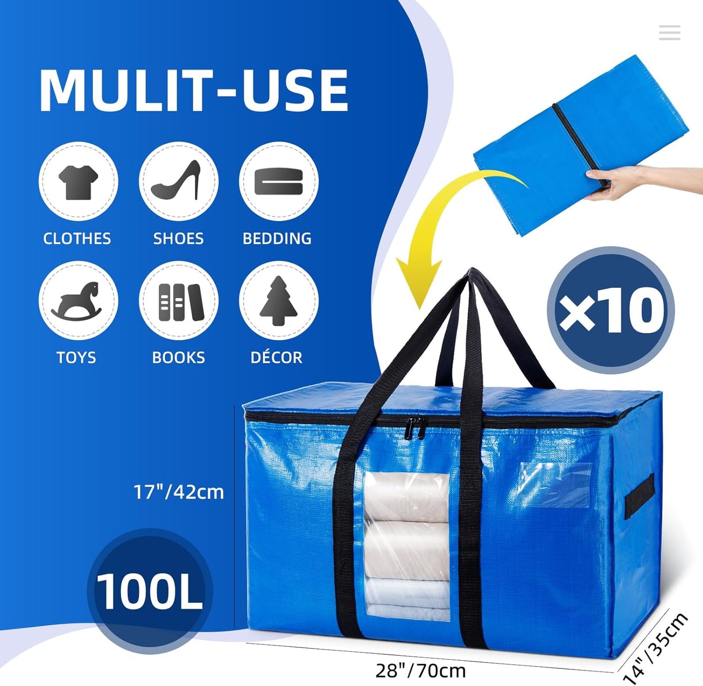 TAILI Extra Large Moving Bags, 4 Pack Blue Heavy Duty Totes For Storage with Visible Window, Wrap Around Handles, Storage Bags for Space Saving, Alternative to Moving Boxes