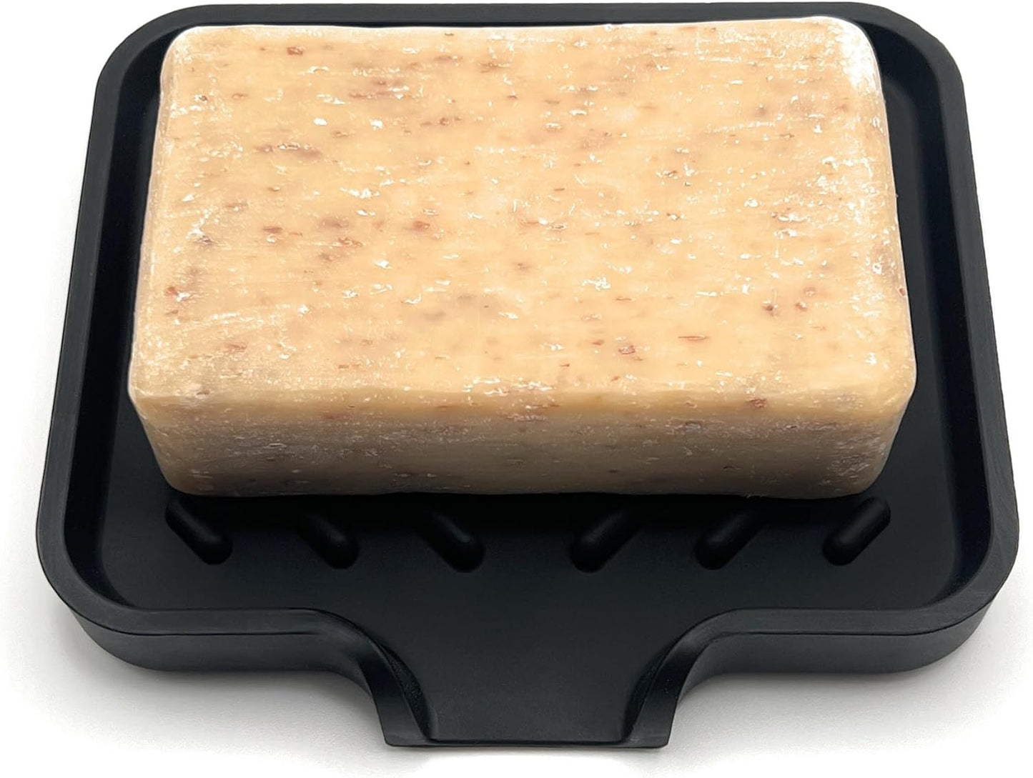 Silicone Soap Dish Tray and Sponge Holder with Drain Chute and Feet | 3-Way Sloped Design | Bathroom and Kitchen Sink Organizer Caddy (Black, 10"x4", 7.8 Ounces)