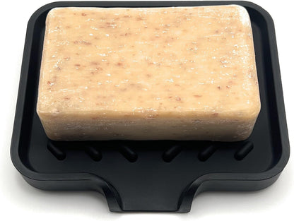 Silicone Soap Dish Tray and Sponge Holder with Drain Chute and Feet | 3-Way Sloped Design | Bathroom and Kitchen Sink Organizer Caddy (Black, 10"x4", 7.8 Ounces)
