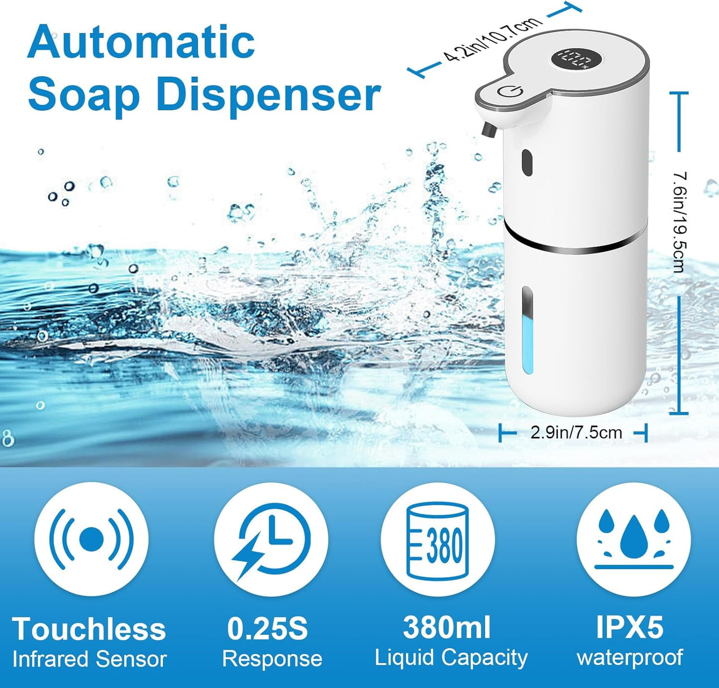 OHIFAST Automatic Foaming Soap Dispenser Touchless, USB Rechargeable Smart Hand Soap Dispenser, 6-Level Adjustable, 12.8oz/380mL Wall Mounted for Bathroom Kitchen Dish Soap-White