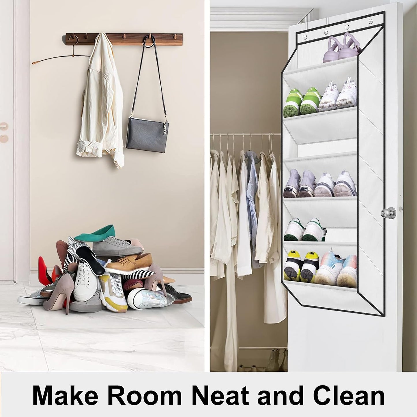 SLEEPING LAMB Over The Door Shoe Organizer for Closet with Large Deep Pockets, Narrow Shoe Rack for Door Hanging Boots Storage, Black