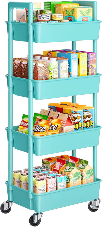 Pipishell 3 Tier Rolling Cart Organizer, Plastic Rolling Cart with Lockable Wheels & Reinforced Handle, Lightweight Utility Cart Storage Cart for Nursery, Kitchen, Bathroom, Craft Room, White, PIUC14W