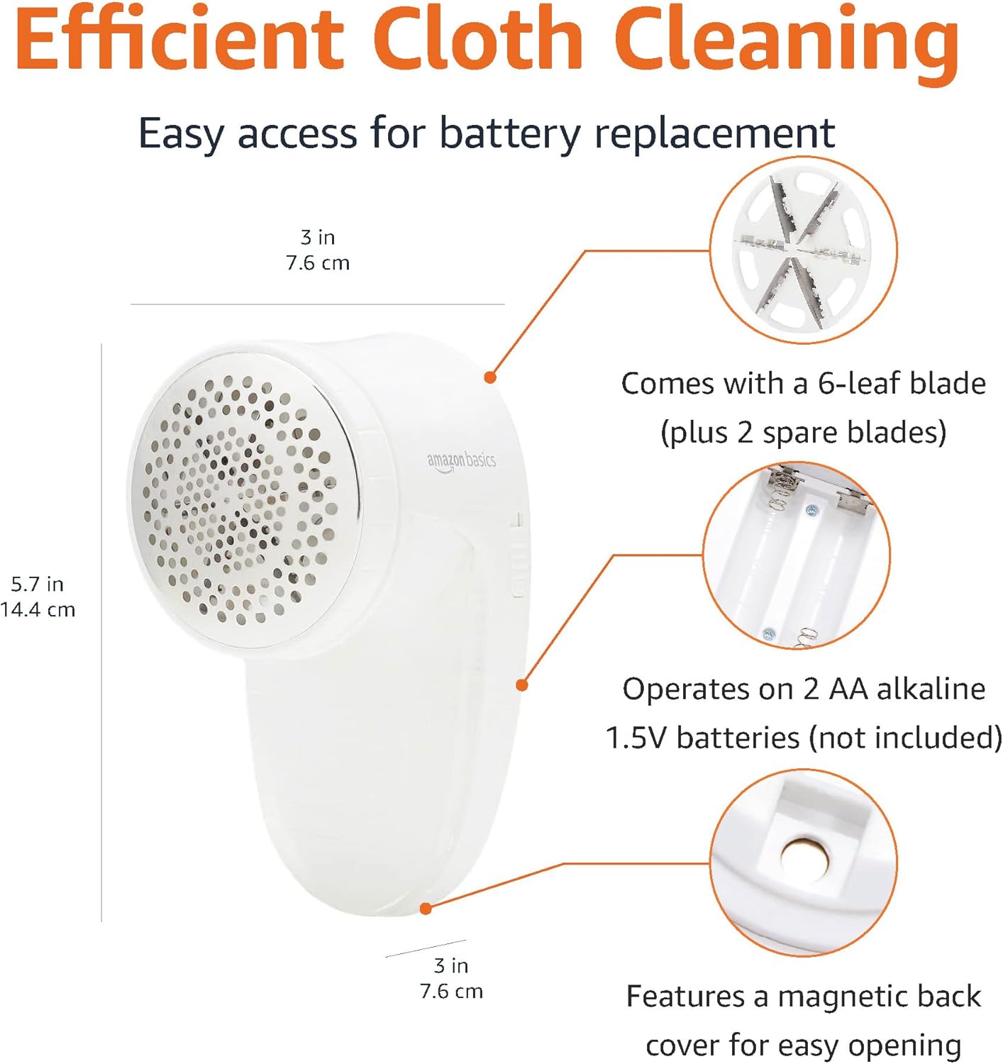 Amazon Basics Battery Operated Fabric Shaver for Clothes, Remove Pilling, Lint and Fuzz Removal, 6-Leaf Blades with Safety Lock, Portable, Includes 2 Spare Blades, White