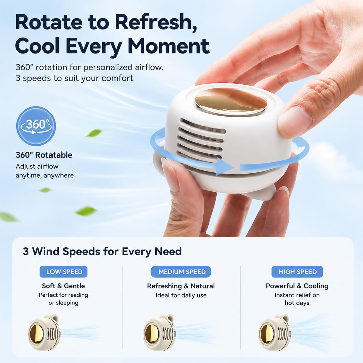 Portable Clip-on Fan, Silent Bladeless Mini fan, 360°Rotation 3-speed Modes Whirlwind Fans For Waist Clips Hands-Free Cooling Fan Suitable For Outdoor Sports Trip Work Travel White