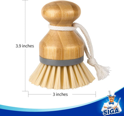 MR.SIGA Dish Brush with Bamboo Handle Built-in Scraper, Scrub Brush for Pans, Pots, Kitchen Sink Cleaning, Pack of 2