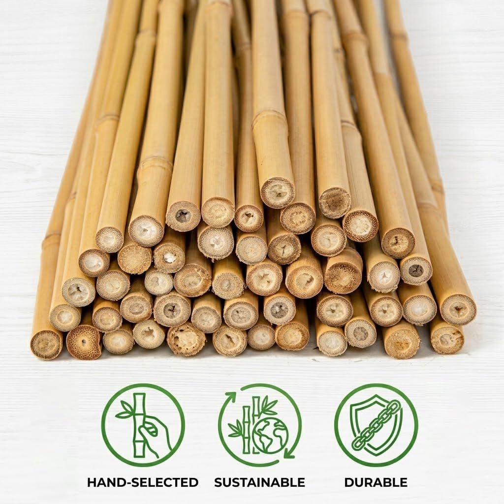Plant Stakes Natural Bamboo Sticks - 30 Pcs Bamboo Garden Stakes for Plants 4.8 FT Plant Support Sticks with Twist Ties for Tomatoes Beans Flowers Indoor Outdoor Potted Climbing Plants