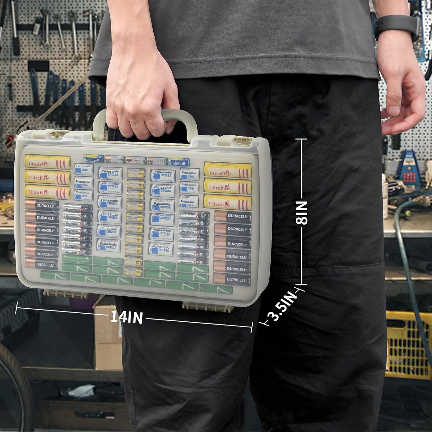 Battery Organizer Storage Case with Tester for 269 Batteries, Double Sides | Plastic, For AA AAA 4A C D Cell 9V 3V LR44 CR2 CR123 CR1632 18650 Button, Wall/Drawer, For Families/DIY/Home/Garage, Grey