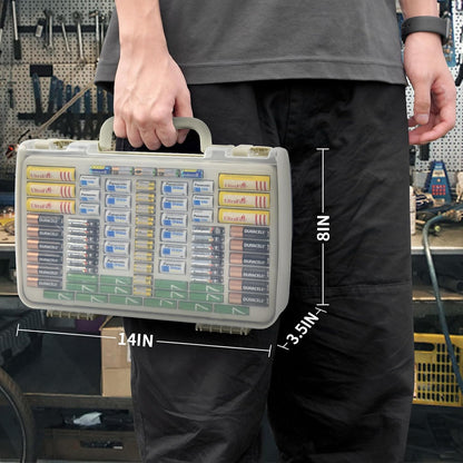 Battery Organizer Storage Case with Tester for 269 Batteries, Double Sides | Plastic, For AA AAA 4A C D Cell 9V 3V LR44 CR2 CR123 CR1632 18650 Button, Wall/Drawer, For Families/DIY/Home/Garage, Grey