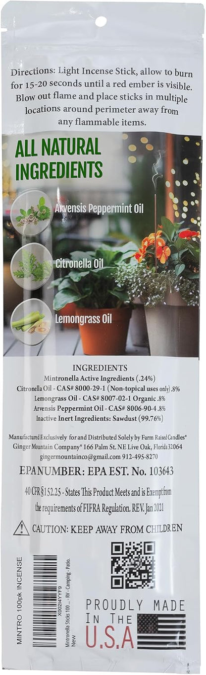 Mintronella USA Made Citronella & Peppermint Mosquito Repellent Incense Sticks – 100 Pack – Natural Bug & Insect Repellent – Outdoor Camping, Patio Decor – No‑See‑Um & Gnats, Fly