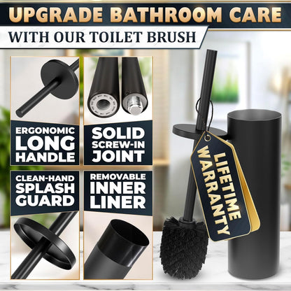 Black Toilet Brush and Holder Set - Slim Matte Design that Fits Anywhere - Stainless Steel Toilet Bowl Brush and Holder with 2 Rounded Corners, Replaceable Head, Removable Inner Bowl & Splash Guard