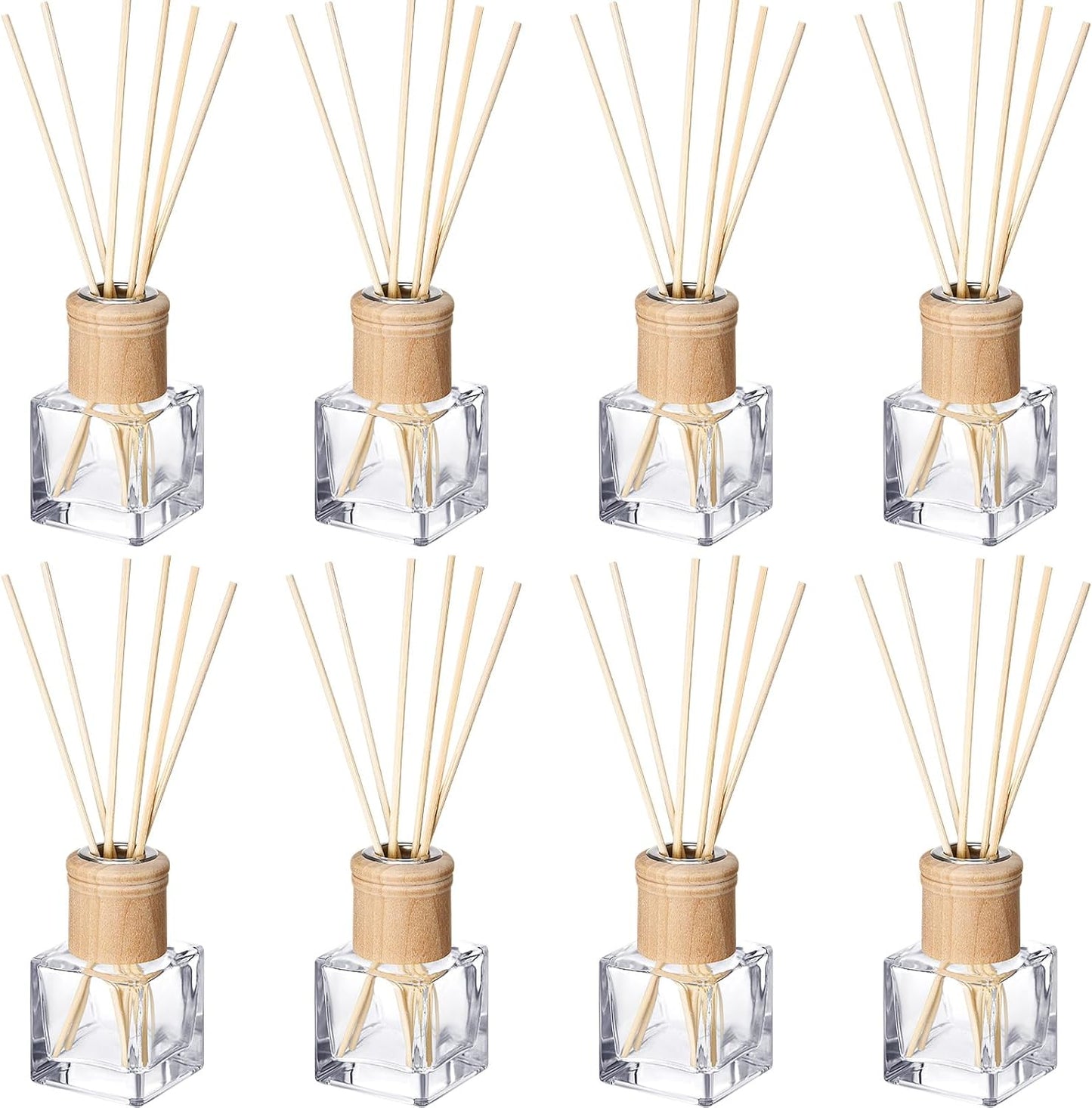 Roshtia 4 Set Reed Diffuser Bottle Empty Refillable Fragrance Glass Diffuser Bottles with Wooden Caps Rattan Sticks 50ml 1.7 oz Glass Jars for DIY Fragrance