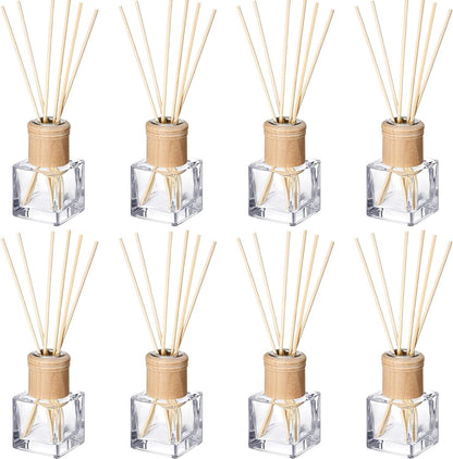 Roshtia 4 Set Reed Diffuser Bottle Empty Refillable Fragrance Glass Diffuser Bottles with Wooden Caps Rattan Sticks 50ml 1.7 oz Glass Jars for DIY Fragrance