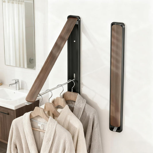 Clothes Drying Rack Wall Mounted for Laundry Balcony RV, Wood Color | Indoor Space Saving Foldable Collapsible Heavy Duty Door Mount