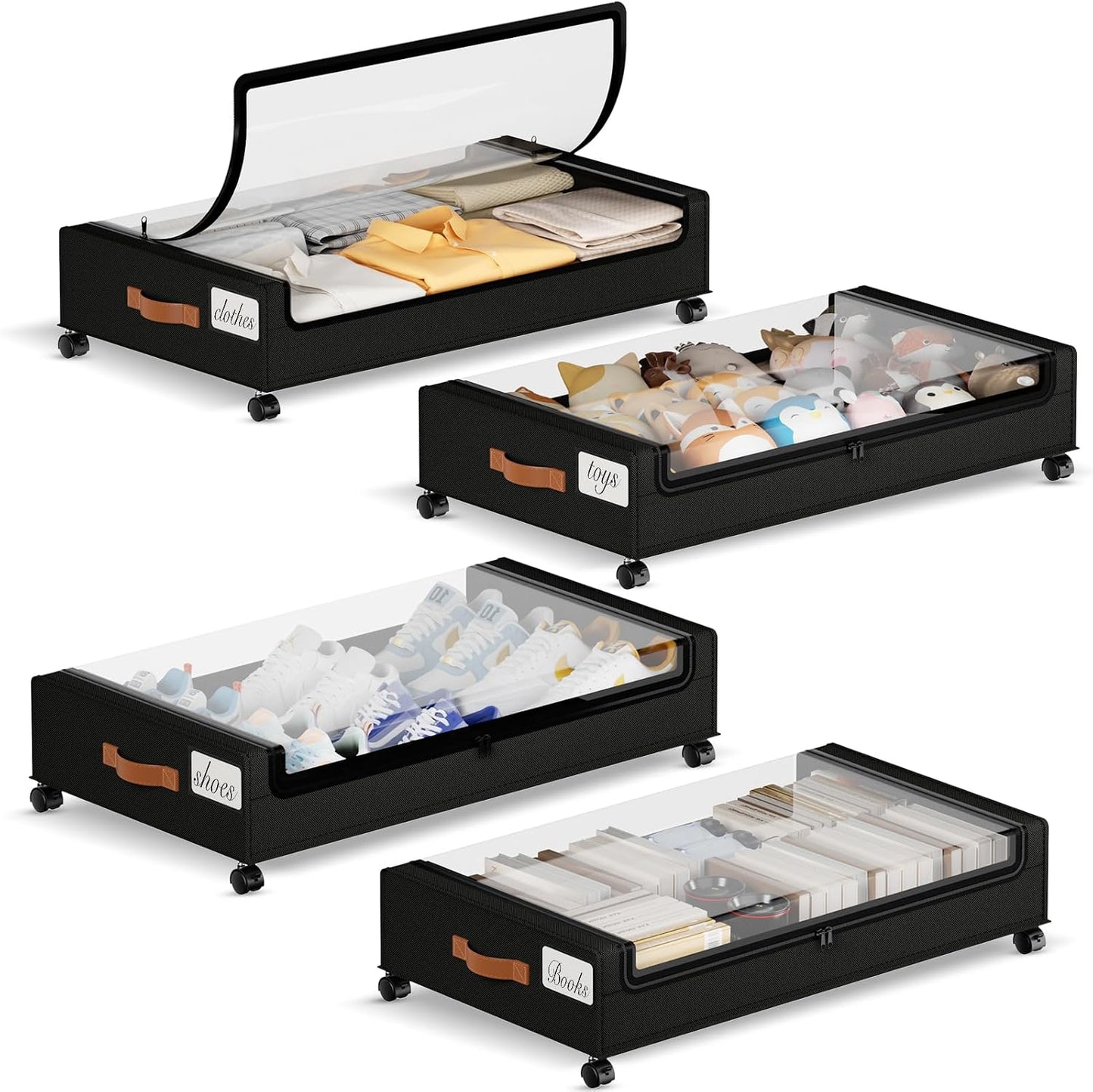 Yecaye Under Bed Storage with Wheels, 2 Pack Under the Bed Storage Containers with Lids & Label, XXL 60L Rolling Underbed Storage Drawers for Clothes, Blankets, Shoes, Black