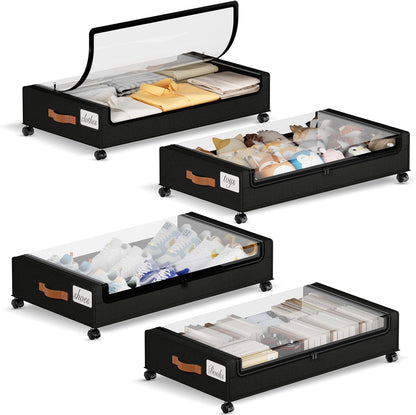 Yecaye Under Bed Storage with Wheels, 2 Pack Under the Bed Storage Containers with Lids & Label, XXL 60L Rolling Underbed Storage Drawers for Clothes, Blankets, Shoes, Black