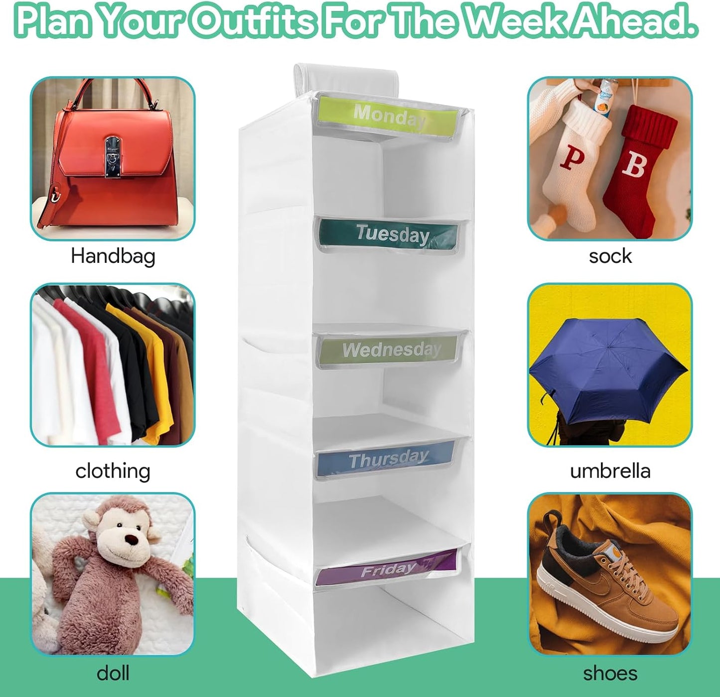 5-Shelf Weekly Clothes Organizer for Kids Days of The Week Hanging Storage Shelves Dorm Room Essential Daily Shelf Hanging Closet Organizer with 6 Side Pockets…