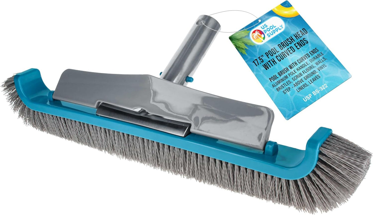 U.S. Pool Supply 13" Pool Brush with Rubber Bristles and Squeegee Edge - Safe for Vinyl Liners, Ideal for Above-Ground Pools, Aluminum Pole Handle - Scrub Leaves Debris from Walls, Floors, Corners