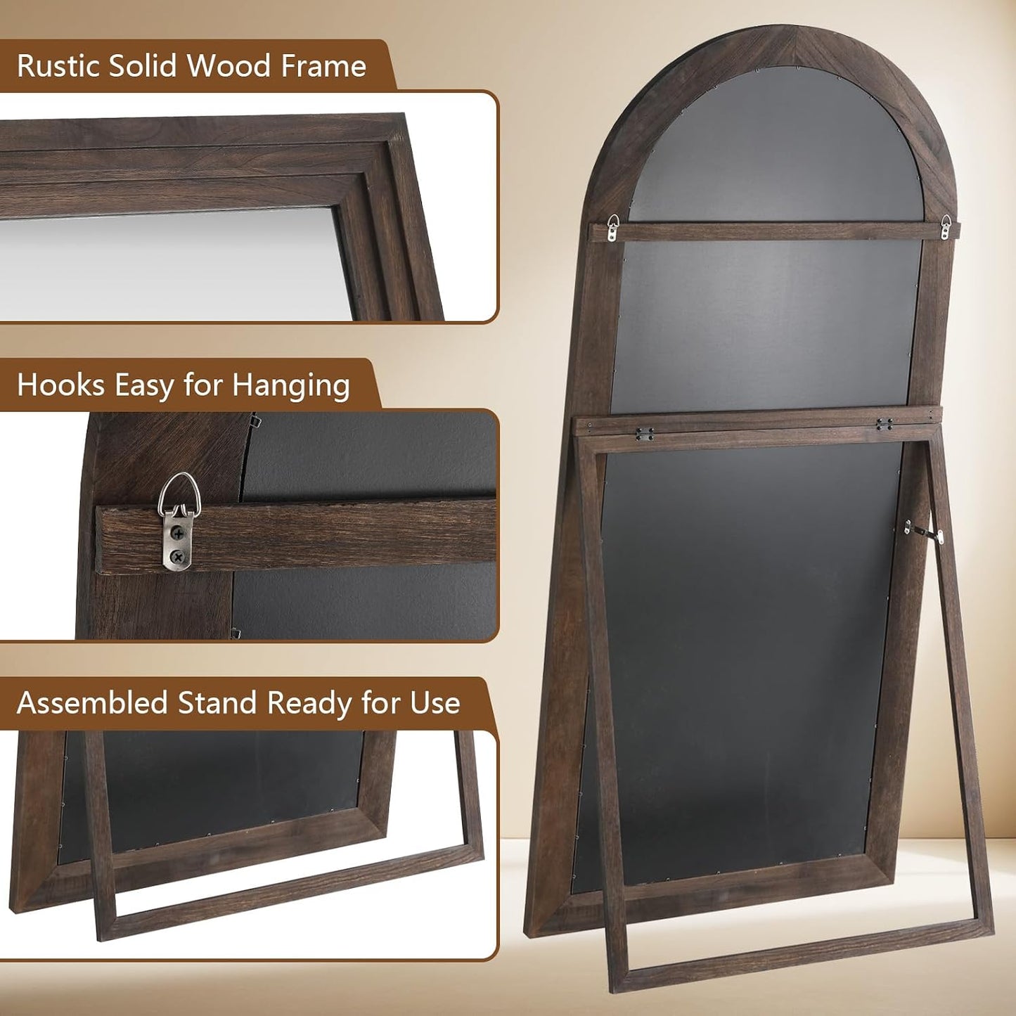 MELOMOIR Arched Full Length Mirror with Solid Wood Frame, 56"x21" Rustic Farmhouse Floor Mirror with Stand, Free Standing Leaning Hanging, for Bedroom Living Room Dressing Room Entryway, Brown