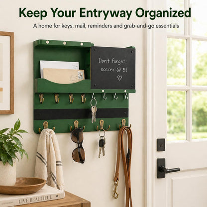 Key Holder for Wall Mount with Shelf and Mail Organizer, Key and Mail Holder with 16 Hooks, Farmhouse Entryway Organizer, Home Decor Rack (Pine Wood, Black)