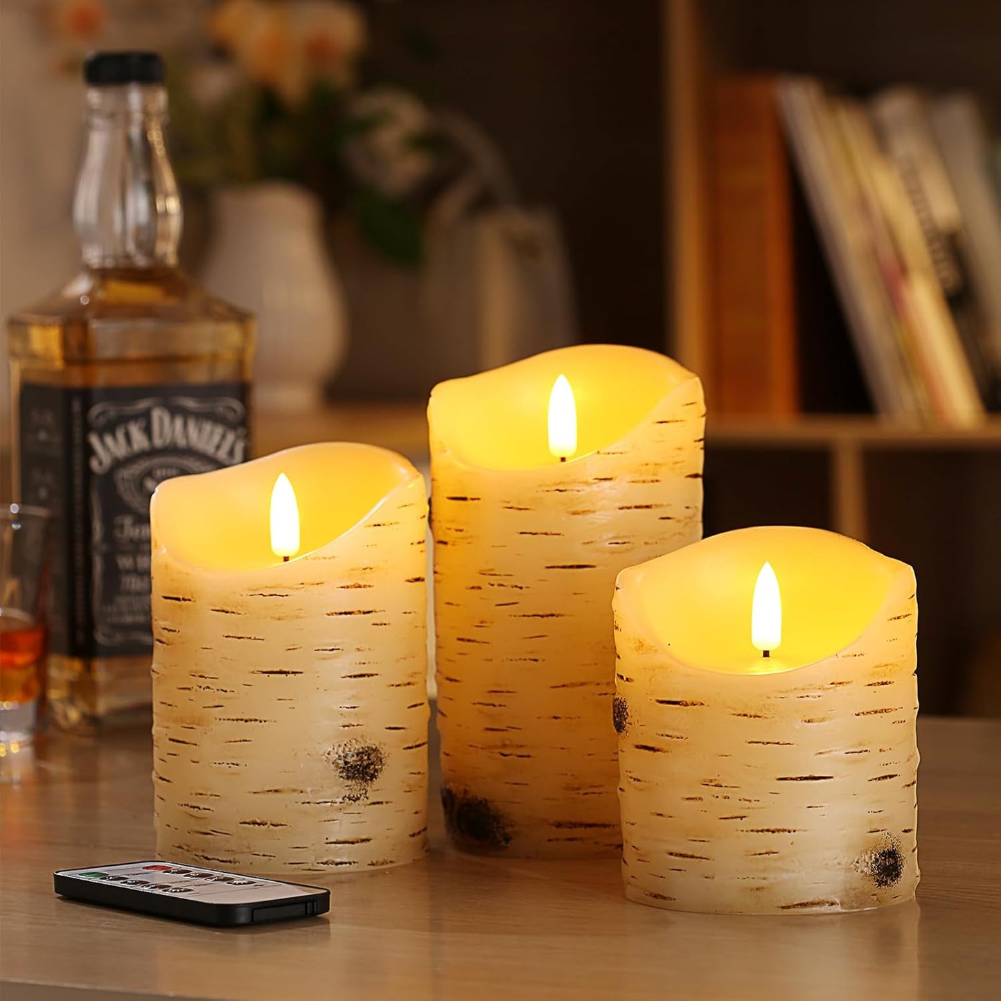 qinxiang Flameless Candles LED Candles Birch Bark Set of 3 (D 3.25" x H 4" 5" 6") Ivory Real Wax Pillar Battery Operated Candles with LED Flame 10-Key Remote Control and Cycling 24 Hours Timer