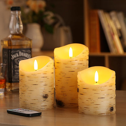 qinxiang Flameless Candles LED Candles Birch Bark Set of 3 (D 3.25" x H 4" 5" 6") Ivory Real Wax Pillar Battery Operated Candles with LED Flame 10-Key Remote Control and Cycling 24 Hours Timer