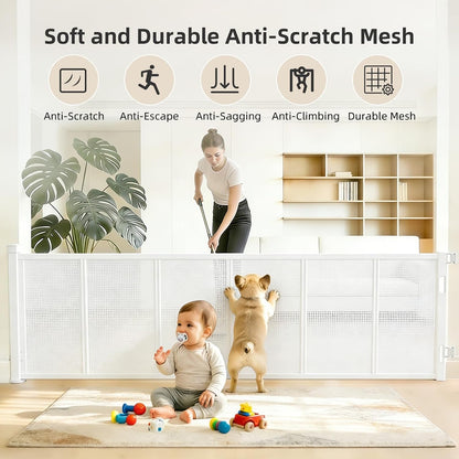 Retractable Baby Gate, 55 in Wide x 33 in Tall Mesh Dog Gate, Hardware Mounted Safety Gate with Double Lock for Doorways, Hallways, Indoor Outdoor, White