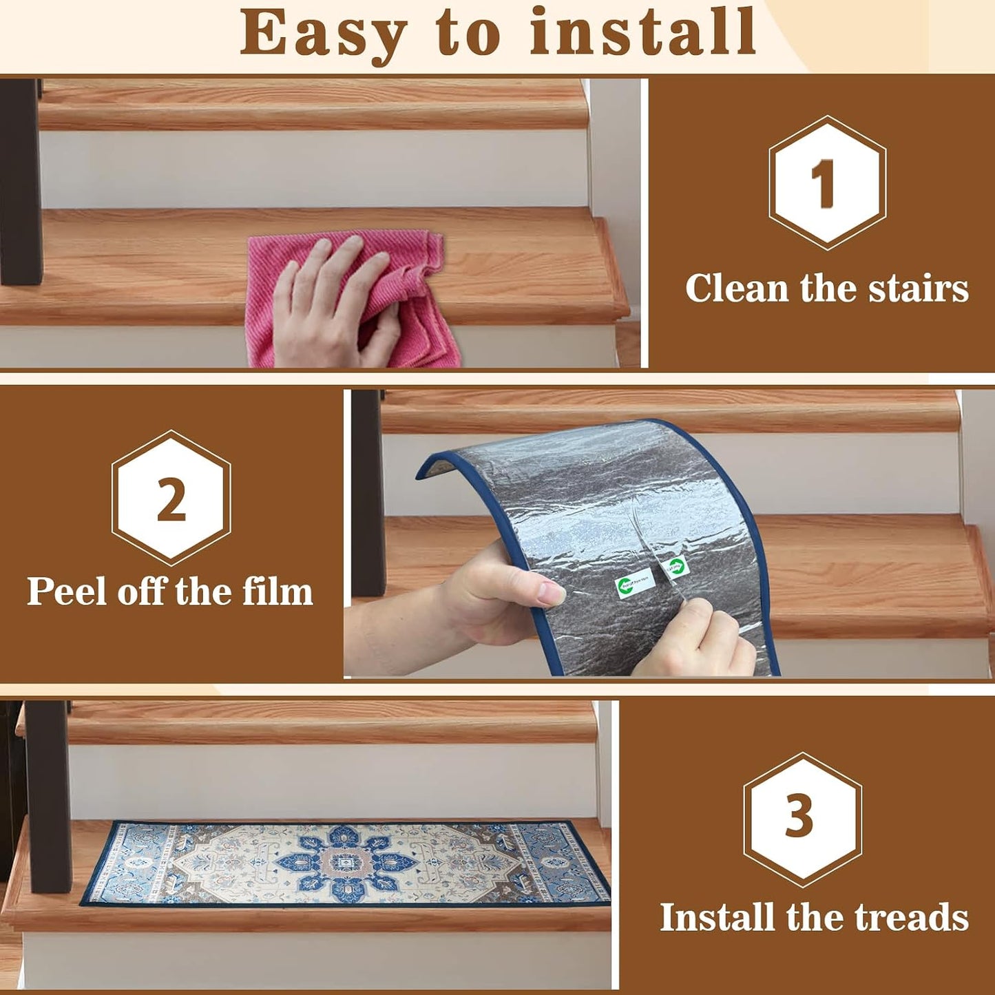 15Pcs Stair Treads for Wooden Steps With Self Adhesive, 8"x30" Non Slip Stair Runners-Peel & Stick Indoor Stair Carpet Runner, Resistant Runner for Kids, Elders and Pets, Black