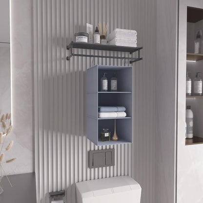 Hanging Closet Organizer 3-Shelf, Oxford Fabric Wardrobe Storage, Gray | Easy-mount foldable design holds clothes, handbags, shoes & accessories; washable Oxford fabric, sturdy and space-saving.