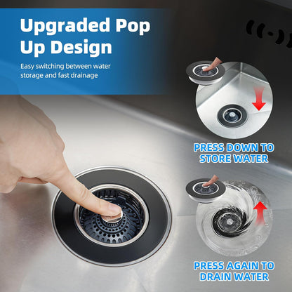 Hibbent Upgraded 3 in 1 Kitchen Sink Drain Strainer, Stainless Steel Pop Up Sink Stopper, Larger Anti-Clogging Basket, 3-Layer Seal, Detachable Drain Plug for US Standard 3-1/2" Drain, Brushed Nickel