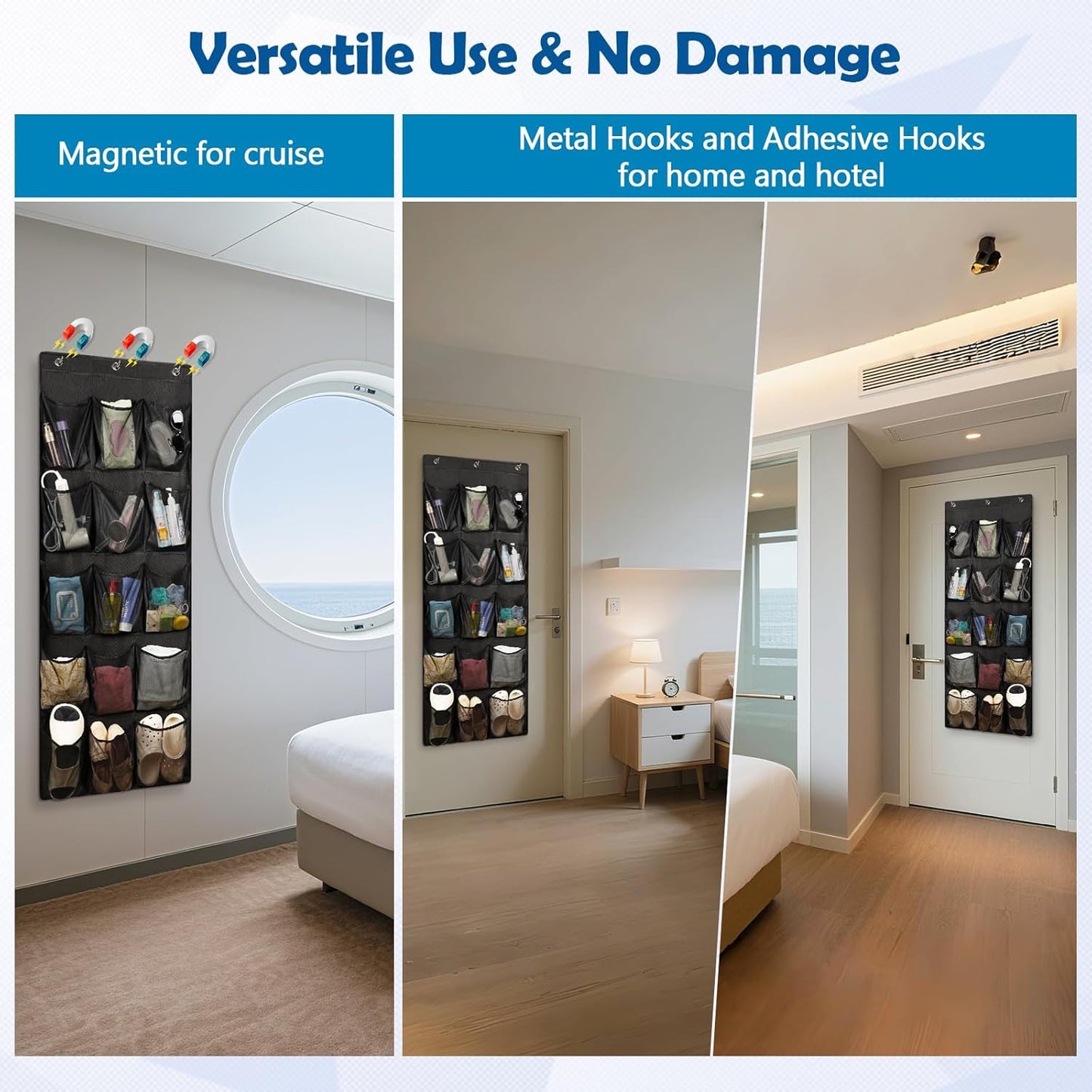 Over The Door Cruise Ship Organizer - Cruise Ship Magnetic Door Organizer with 15 Size-Graded Pockets, Hanging Magnetic Cruise Storage Shoe Rack for Cabin, 2026 Cruise Essential, 9 Hooks(White)