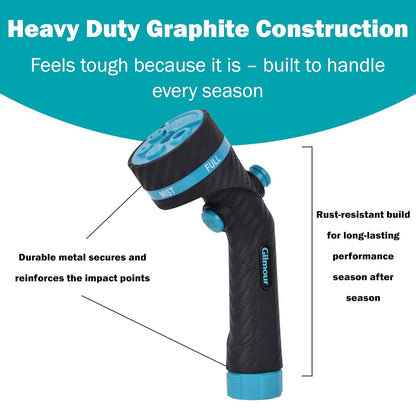 Gilmour Heavy Duty Garden Hose Nozzle, Swivel Connect, 5 Spray Patterns, Ergonomic Grip, Flow Control, Trigger Lock, Button Control