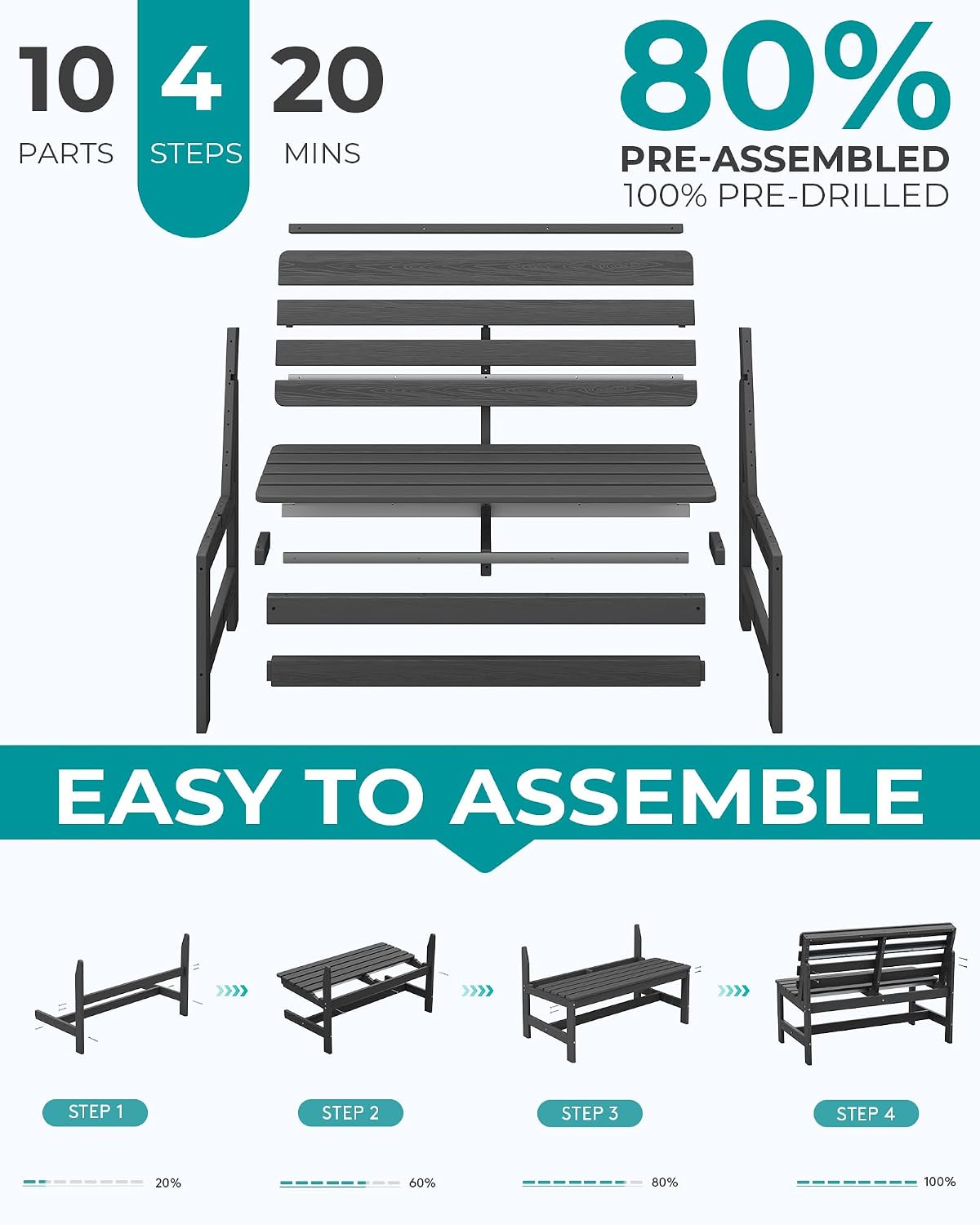 SERWALL HDPE Outdoor Storage Bench, Deck Box with Waterproof Storage Bags | All-Weather Benches | 57 Gallon Dual-Use Seat | Organizer Deck Boxes for Patio, Garden Tools & Pool | Dark Black