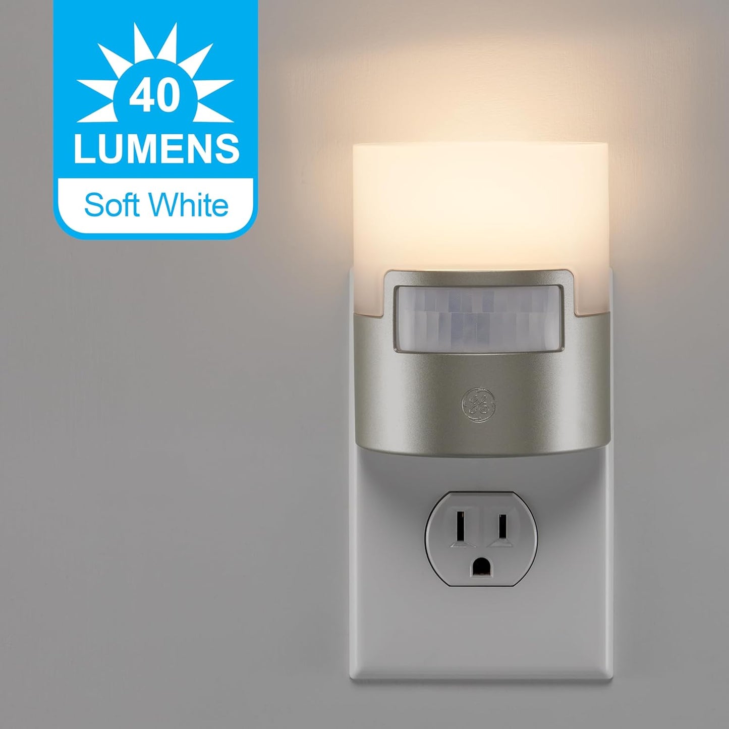 GE LED Motion Sensor Night Light, Plug into wall, 40 Lumens, Soft White, UL-Certified, Energy Efficient, Ideal Nightlight for Bedroom, Bathroom, Kitchen, Hallway, 46632, White, 2 Pack
