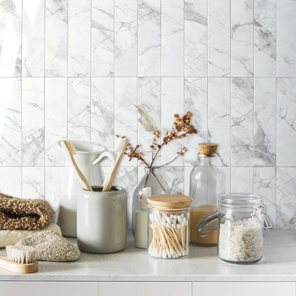 AULIGET 40-Piece Polished White Marble with Gold Peel and Stick Backsplash Wall Tiles, 3" x 12" PVC Faux Stone Stick on Tiles for Backsplash Kitchen, Bathroom, Laundry Room, Camper, Fireplace