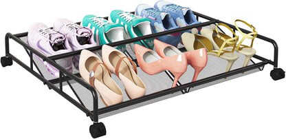 Under Bed Shoe Storage Organizer, 2 Pack Metal Mesh Under Bed Storage Containers with Wheels, Shoe Organizer Drawer Space Saving for Bedroom