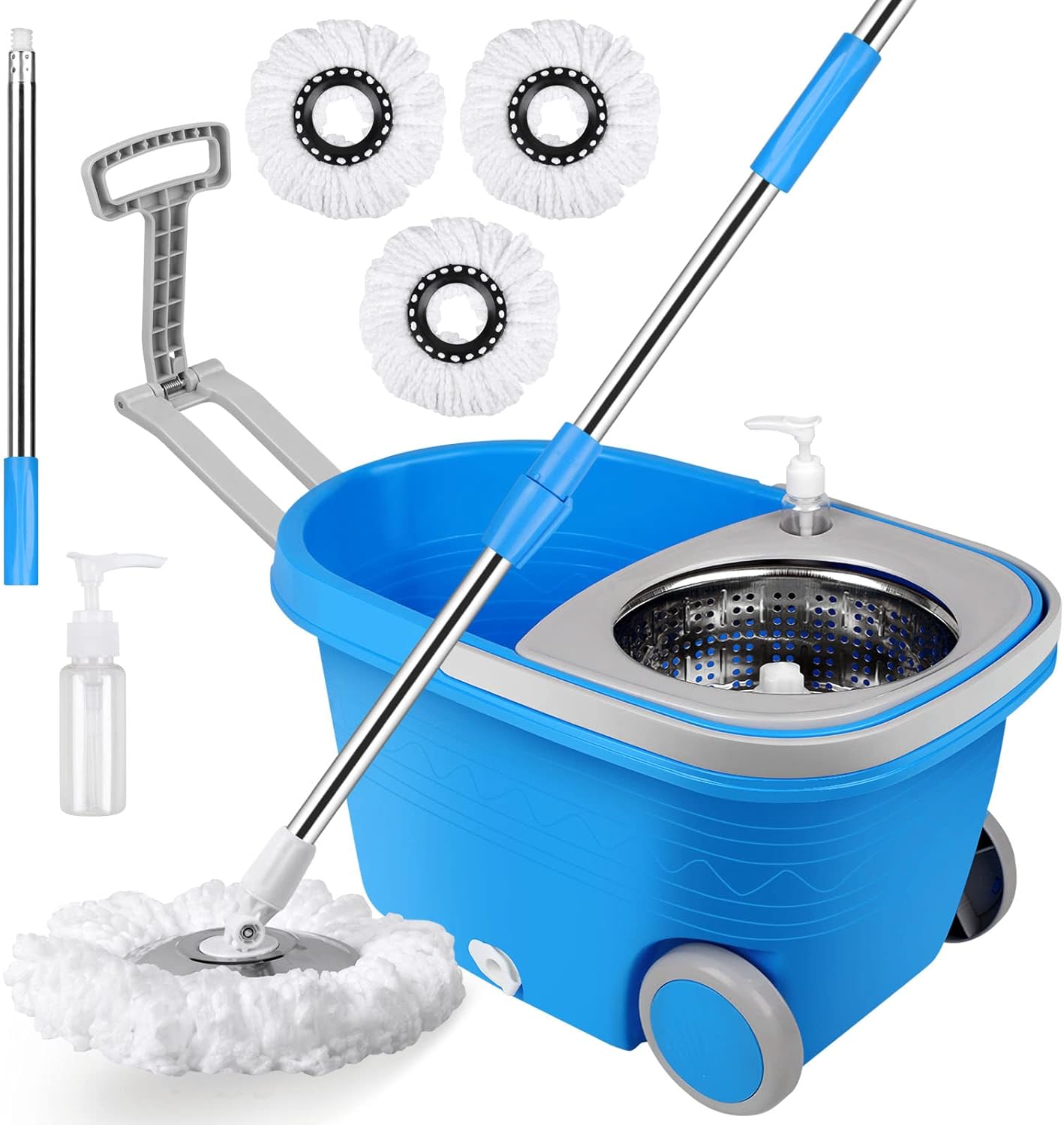 Spin Mop and Bucket with Wringer Set, 360° Spinning Mop Bucket System with 3 Microfiber Mop Replacement Heads and 50" Stainless Steel Adjustable Handle for Floor Cleaning