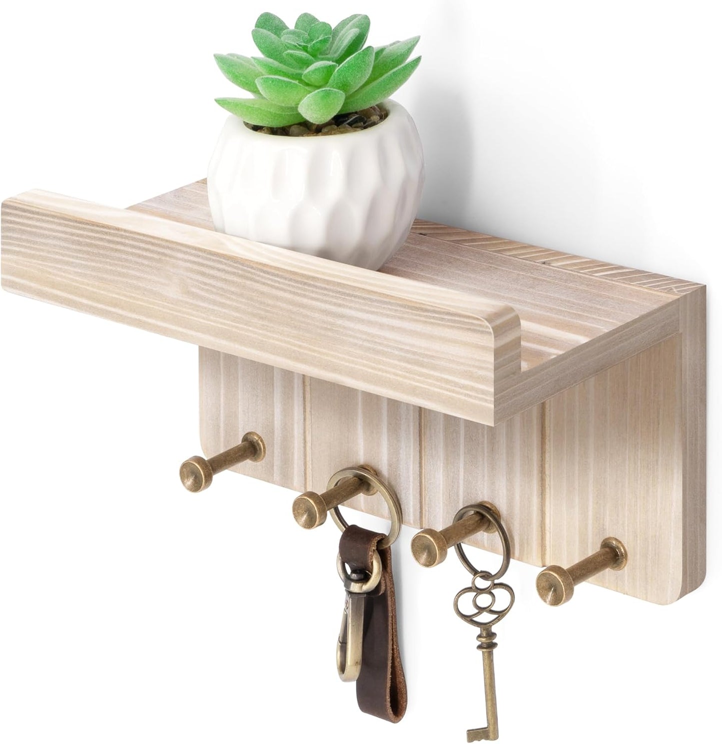 Rebee Vision Small Key Holder Wall Mount for Farmhouse Decor - Key and Mail Holder for Wall with Shelf and 4 Key Hooks - Room Decor Aesthetic (Distressed Blue)