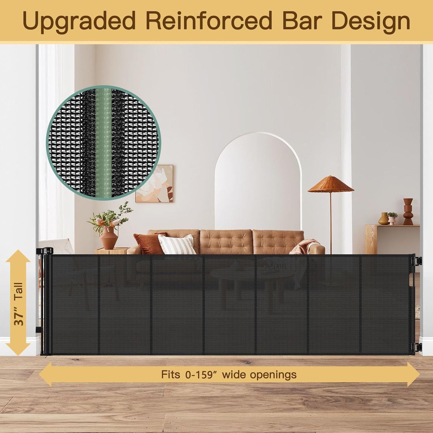 Reinforced 55" Wide Retractable Baby Gates with Reinforced Strips, Indoor/Outdoor Retractable Dog Gate for Doorway Prevent Bottom Drilling Through, No Bottom Bar Safety Mesh Baby Gate for Stair, Black