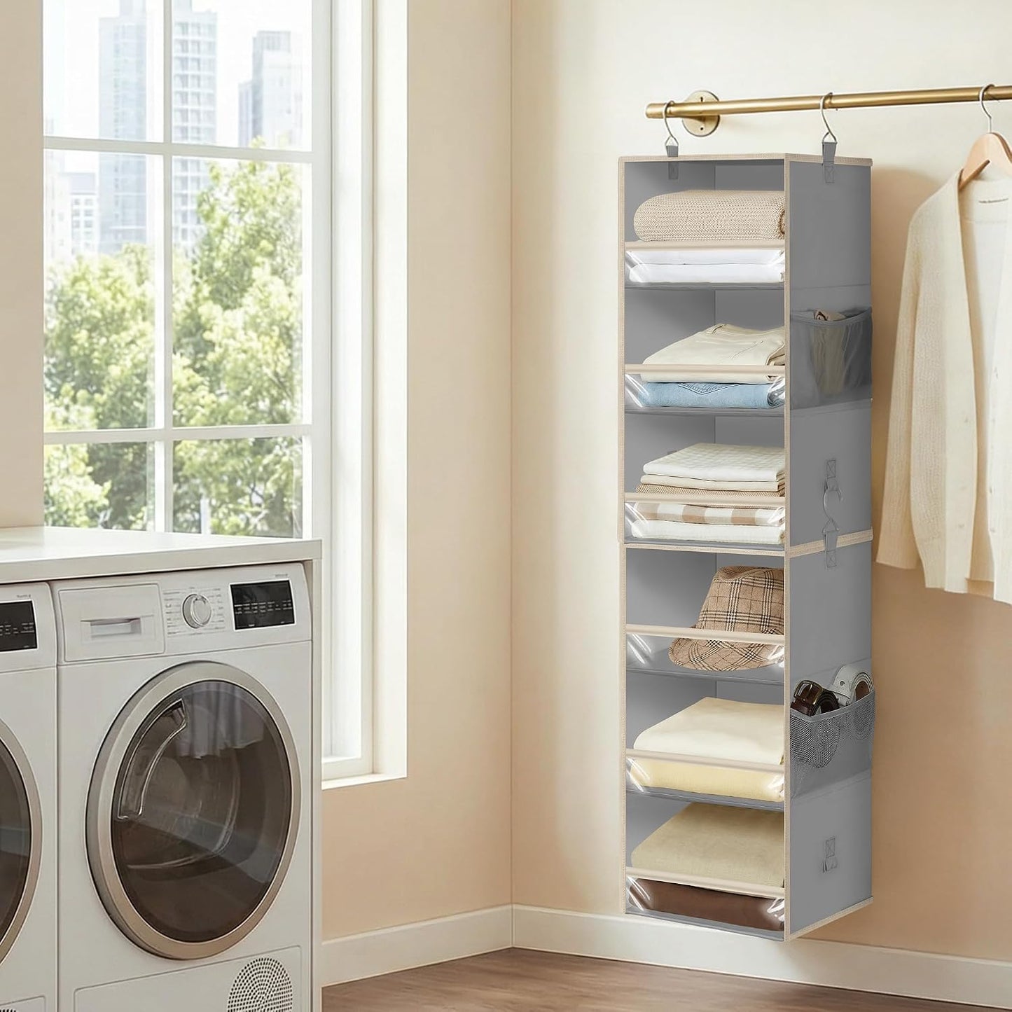 STORAGE MANIAC 6-Shelf Hanging Closet Organizer and Storage, 2 Separable 3-Shelf Haning Organizers for Closet, Collapsible Hanging Shelves Wardrobe Organization, College Dorm Room, Nursery, Beige