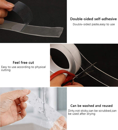 Double Sided Tape Heavy Duty, 3M Mounting Tape, Traceless Reusable Clear Adhesive Nano Tape, Washable Removable Strong Sticky Gel Grip Tape for Home Wall Photos Posters Fix Carpet Mats