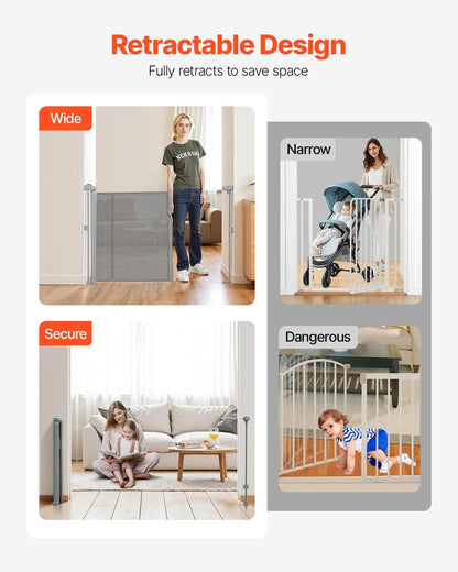 VEVOR Retractable Baby Gate, 34 inch Tall, Extends up to 71 inch Wide, Retractable Gate for Kids or Pets, Mesh Material, Easy to Install for Indoor Stairs, Doorways, Hallways, Playrooms, Gray