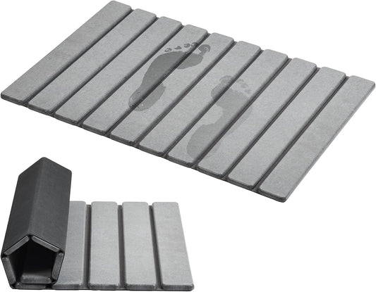 AWW Foldable Stone Bath Mat, Quick Dry Diatomaceous Earth Bath Mat with Non-Slip Mat, Super Absorbent, Easy to Clean, Compact for Small Bathrooms, 23.6 x 15.5, Grey