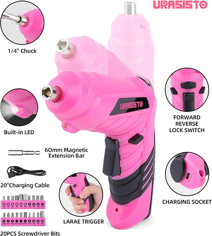 URASISTO Pink Household Tool Set with 3.6V USB Electric Screwdriver, 136 PCS Home Tool Kit with Cordless Lithium-ion Drill Driver, Hand Tool Kits for Women