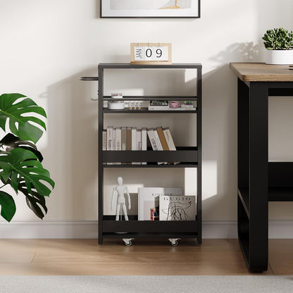 ChooChoo 4-Tier Slim Storage Cart, 7.87 inches Wide Narrow Storage Cabinet with 360° Wheels and 2 Hooks, Space-Saving Organizer for Kitchen, Narrow Places, Dining Room, Walnut+White