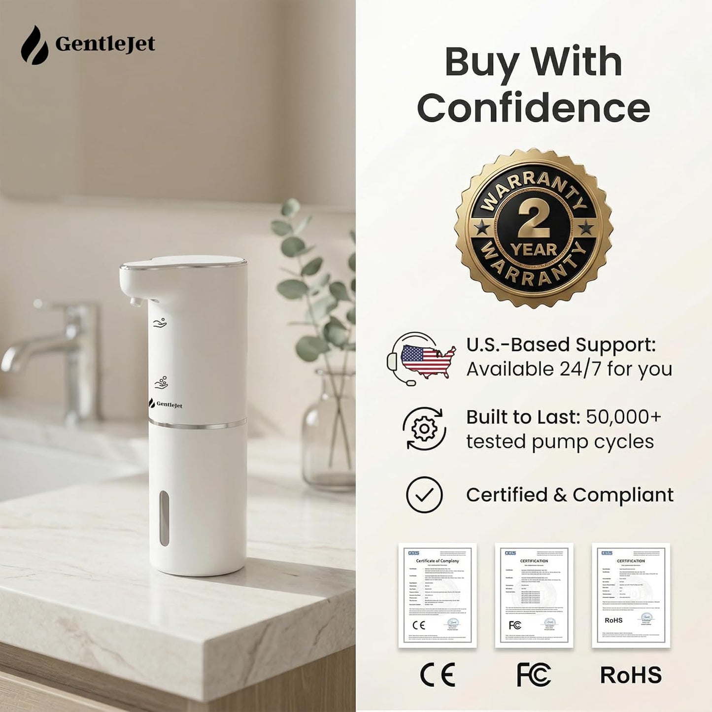 GentleJet JetFoam Automatic Foam Soap Dispenser – Touchless Sensor, USB-C Rechargeable, Adjustable Output, IPX5 Waterproof, 300 ml, Bathroom & Kitchen Countertop