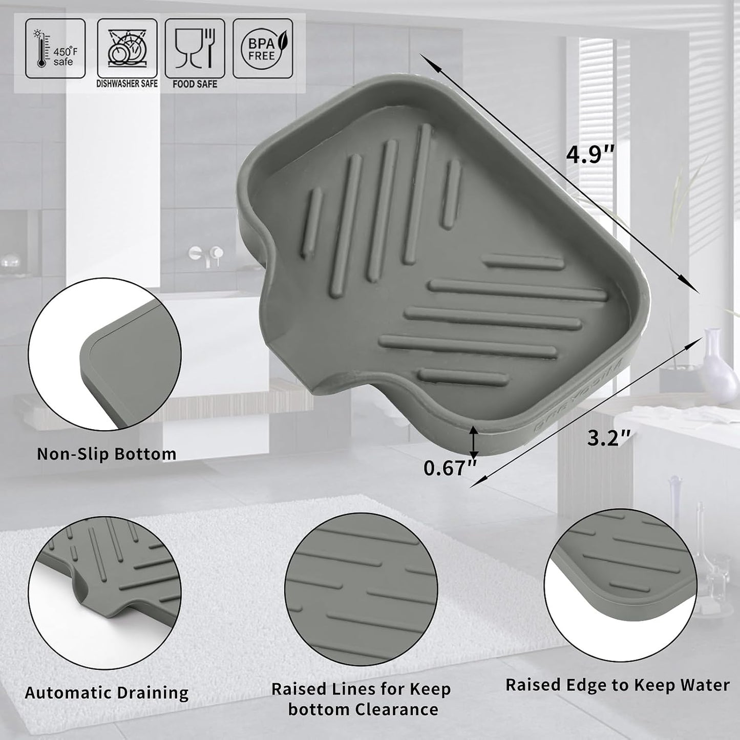 MicoYang Silicone Bathroom Soap Dishes with Drain Spout-Bathroom and Kitchen Sink Organizer,Sponge Holder,Dish Soap Tray,Perfect for Dispenser,Scrubber,Bottle,Cup on Sink or Counter-Coffee 4.9"×3.2"