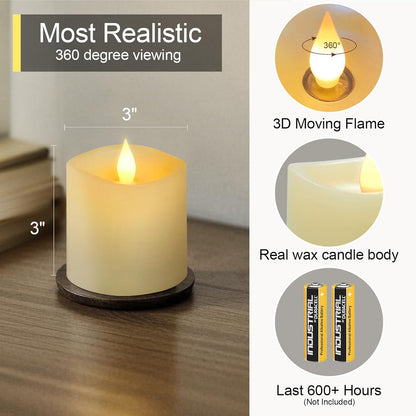 3x3 Flameless Candles with Remote Set of 2, 3 inch Battery Candles Flickering with Timer, LED Pillar Candle for Indoor/Outdoor, White